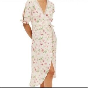 Topshop Womens Light Pink Floral Wrap Dress 6 Tassel Slit Sleeve Lace Trim Neck
